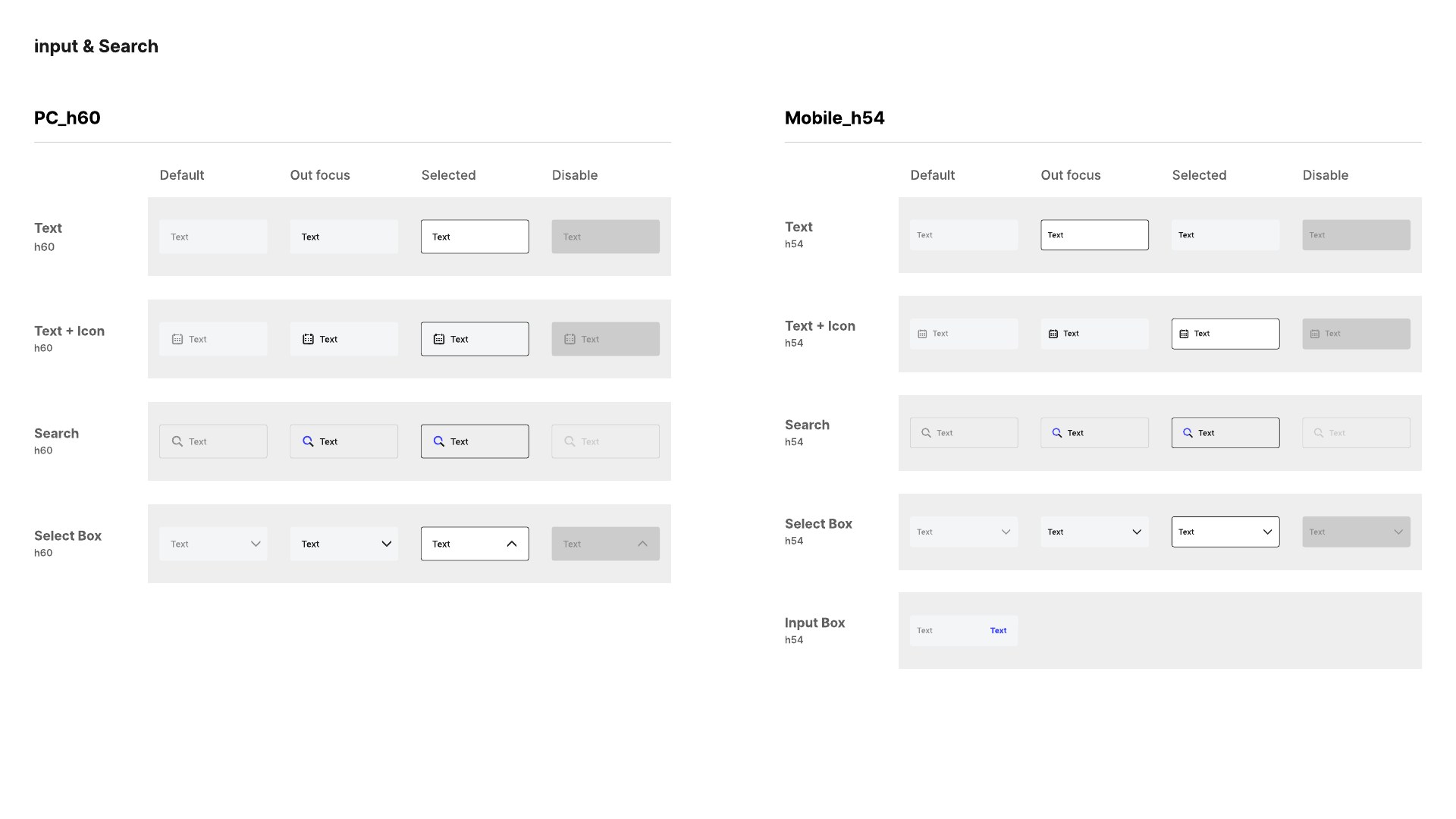 UI 가이드라인 UI KIT 입력·검색 지면 — 기본·포커스 해제·선택·비활성 네 상태